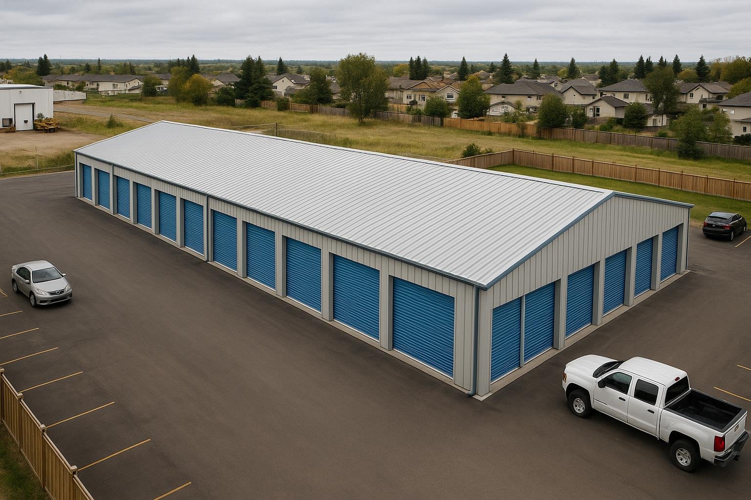 Multi-unit self-storage steel building complex in Alberta suburban setting