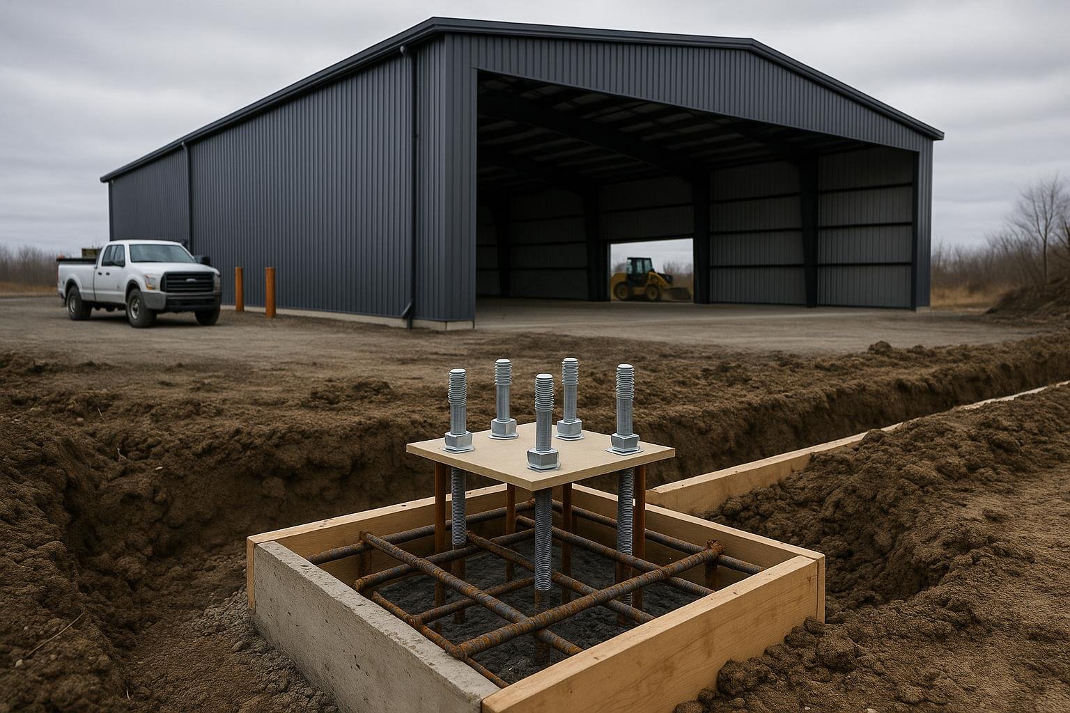 Reinforced concrete strip footing with anchor bolt template set in trench