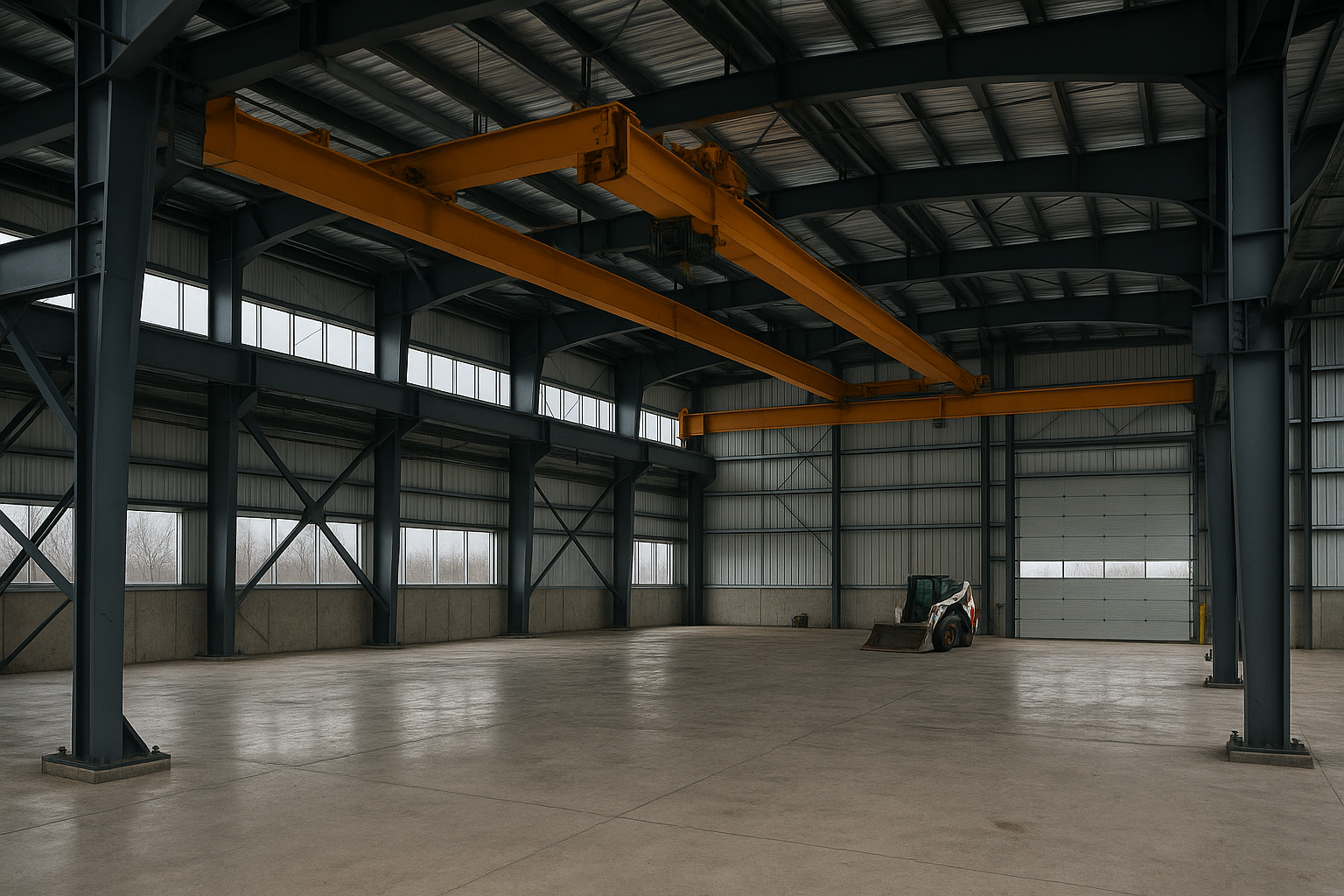 Heavy structural steel building frame with wide-flange columns and crane runway beams inside