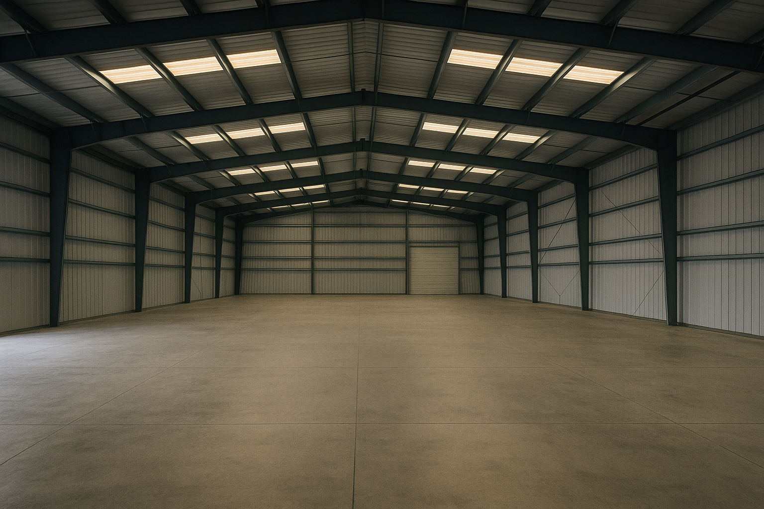 Column-free clear-span interior of a commercial steel warehouse building in Windsor